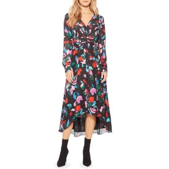 Parker Cora Floral Maxi Dress Black Silk Blend Asymmetric Hem Boho Size 4 - Picture 1 of 13